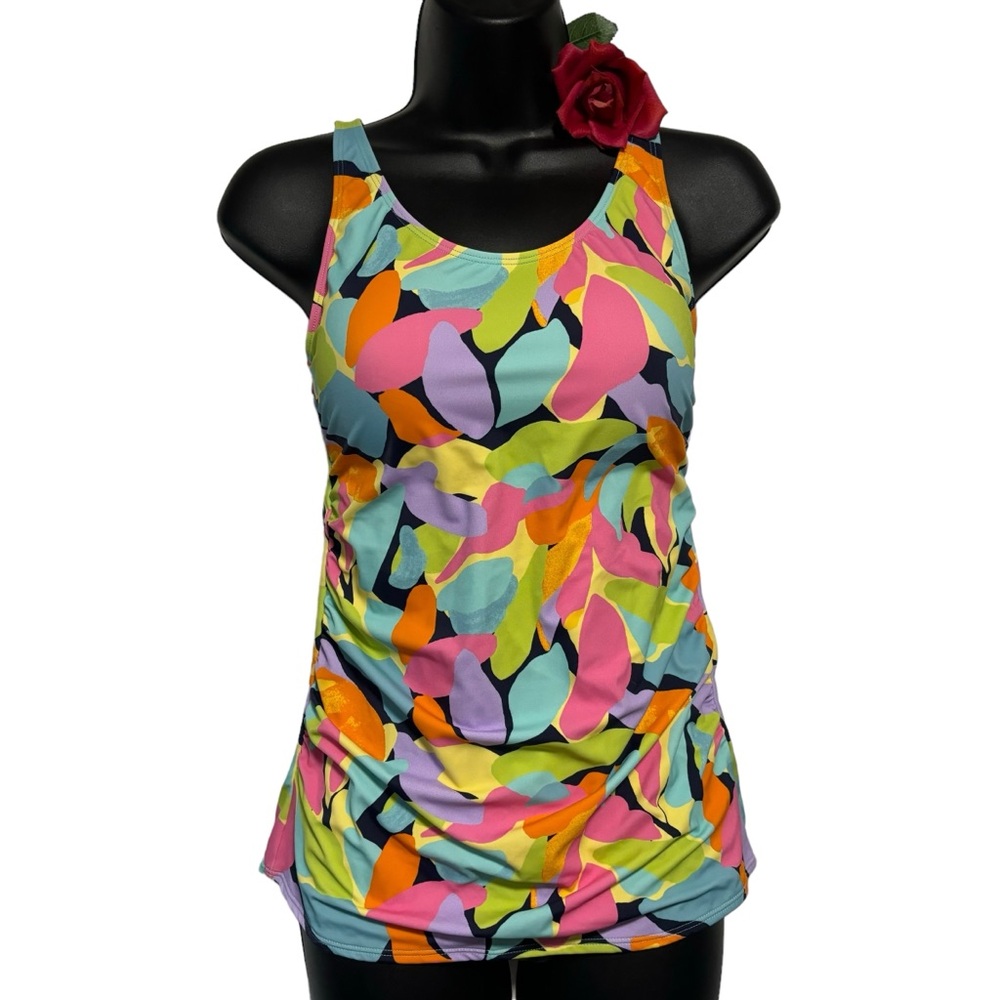 QVC 2 Pc Swimsuit Tankini High Waisted Sz 6 Modest Geometric Aqua Pink NWOT